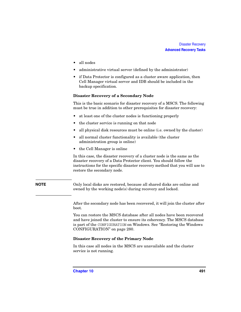 Disaster recovery of a secondary node, Disaster recovery of the primary node | HP B6960-90078 User Manual | Page 521 / 856