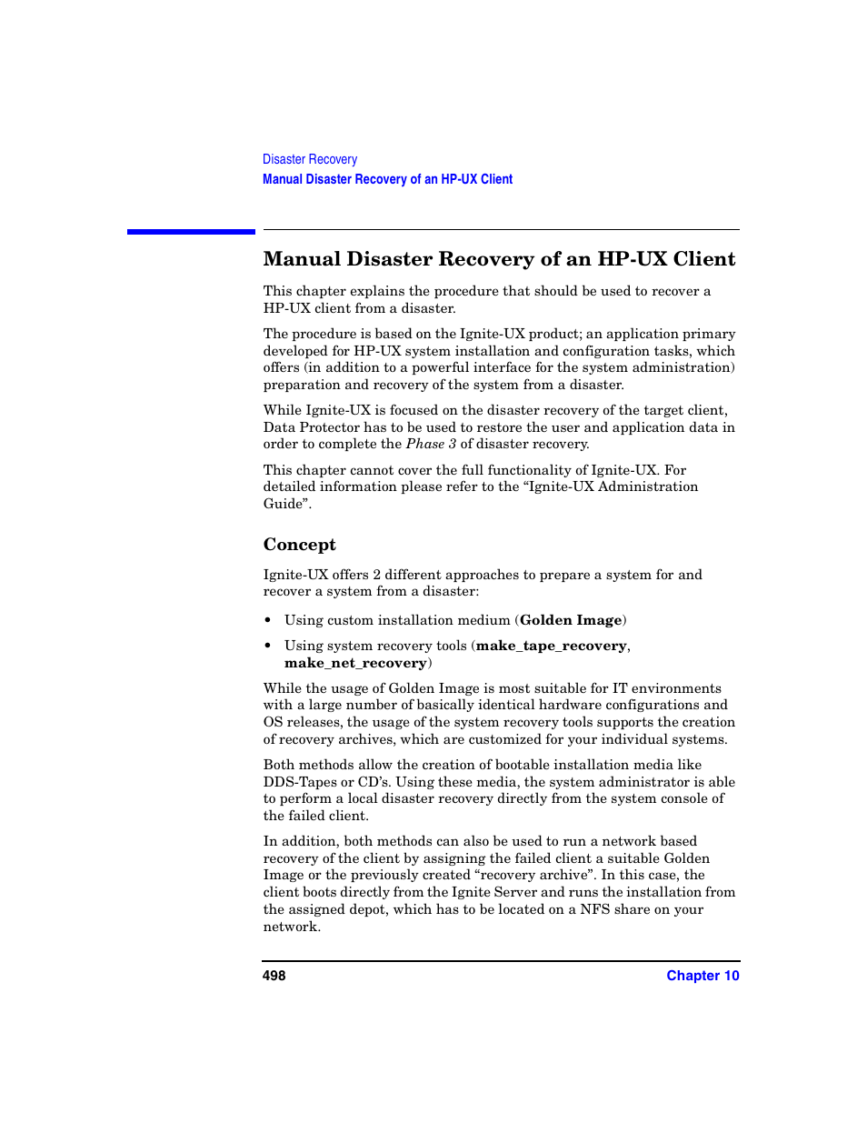 Manual disaster recovery of an hp-ux client, Concept, Manual dis as ter | HP B6960-90078 User Manual | Page 528 / 856