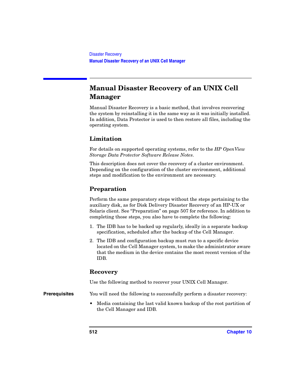 Manual disaster recovery of an unix cell manager, Limitation, Preparation | Recovery, Manual disaster | HP B6960-90078 User Manual | Page 542 / 856