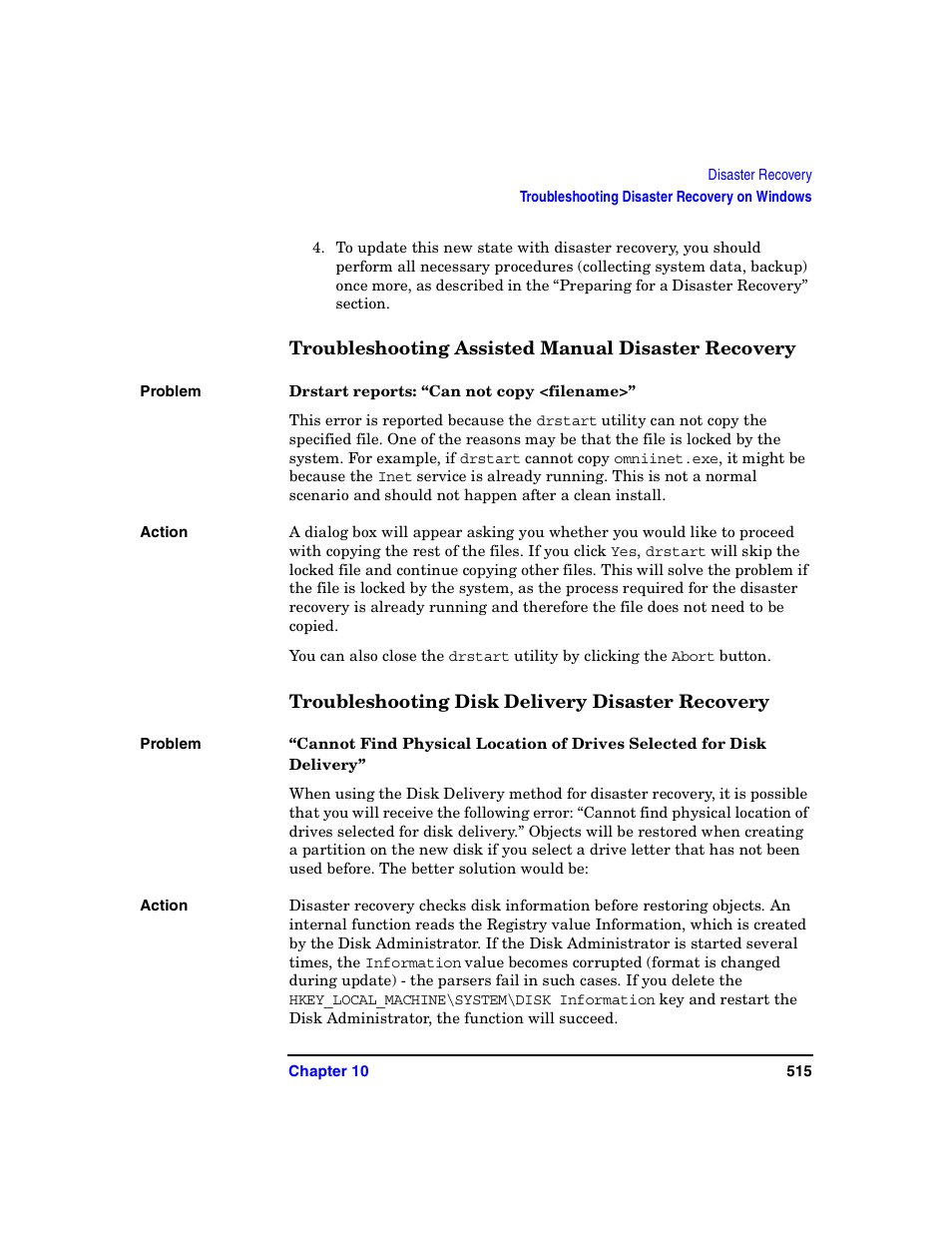 Troubleshooting assisted manual disaster recovery, Drstart reports: “can not copy <filename, Troubleshooting disk delivery disaster recovery | HP B6960-90078 User Manual | Page 545 / 856