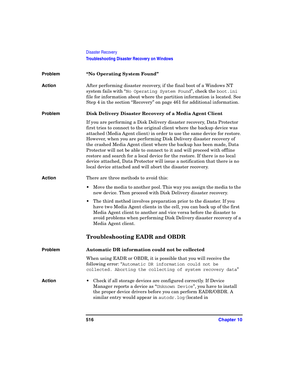 No operating system found, Troubleshooting eadr and obdr, Automatic dr information could not be collected | HP B6960-90078 User Manual | Page 546 / 856