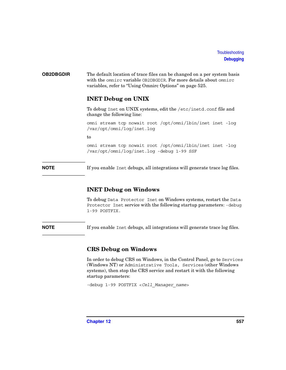 Inet debug on unix, Inet debug on windows, Crs debug on windows | HP B6960-90078 User Manual | Page 587 / 856