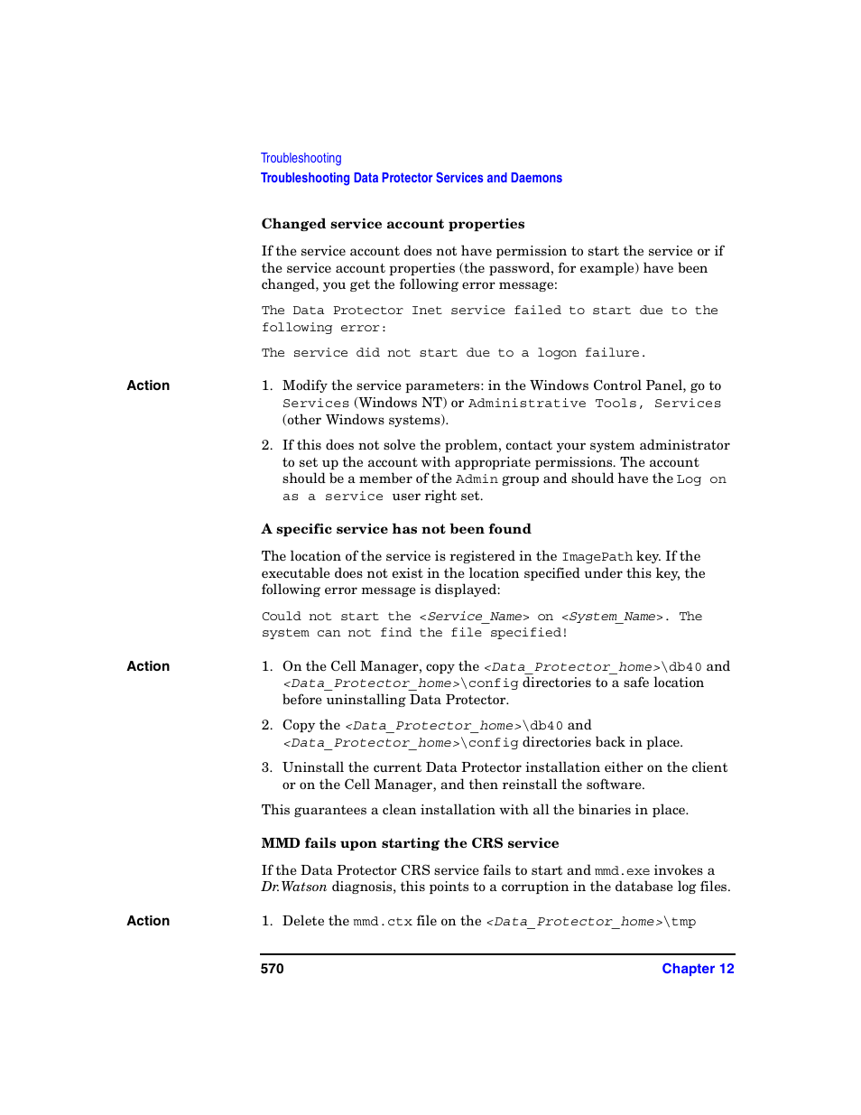 Changed service account properties, A specific service has not been found, Mmd fails upon starting the crs service | HP B6960-90078 User Manual | Page 600 / 856
