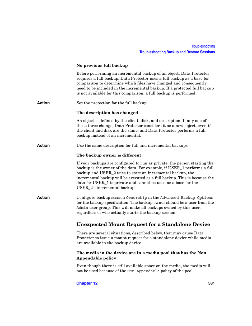 No previous full backup, The description has changed, The backup owner is different | Unexpected mount request for a standalone device | HP B6960-90078 User Manual | Page 611 / 856