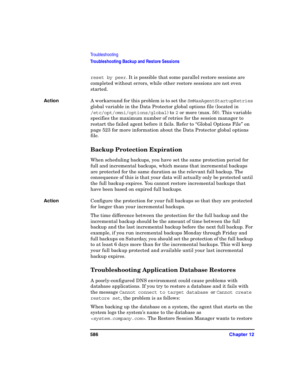 Backup protection expiration, Troubleshooting application database restores | HP B6960-90078 User Manual | Page 616 / 856