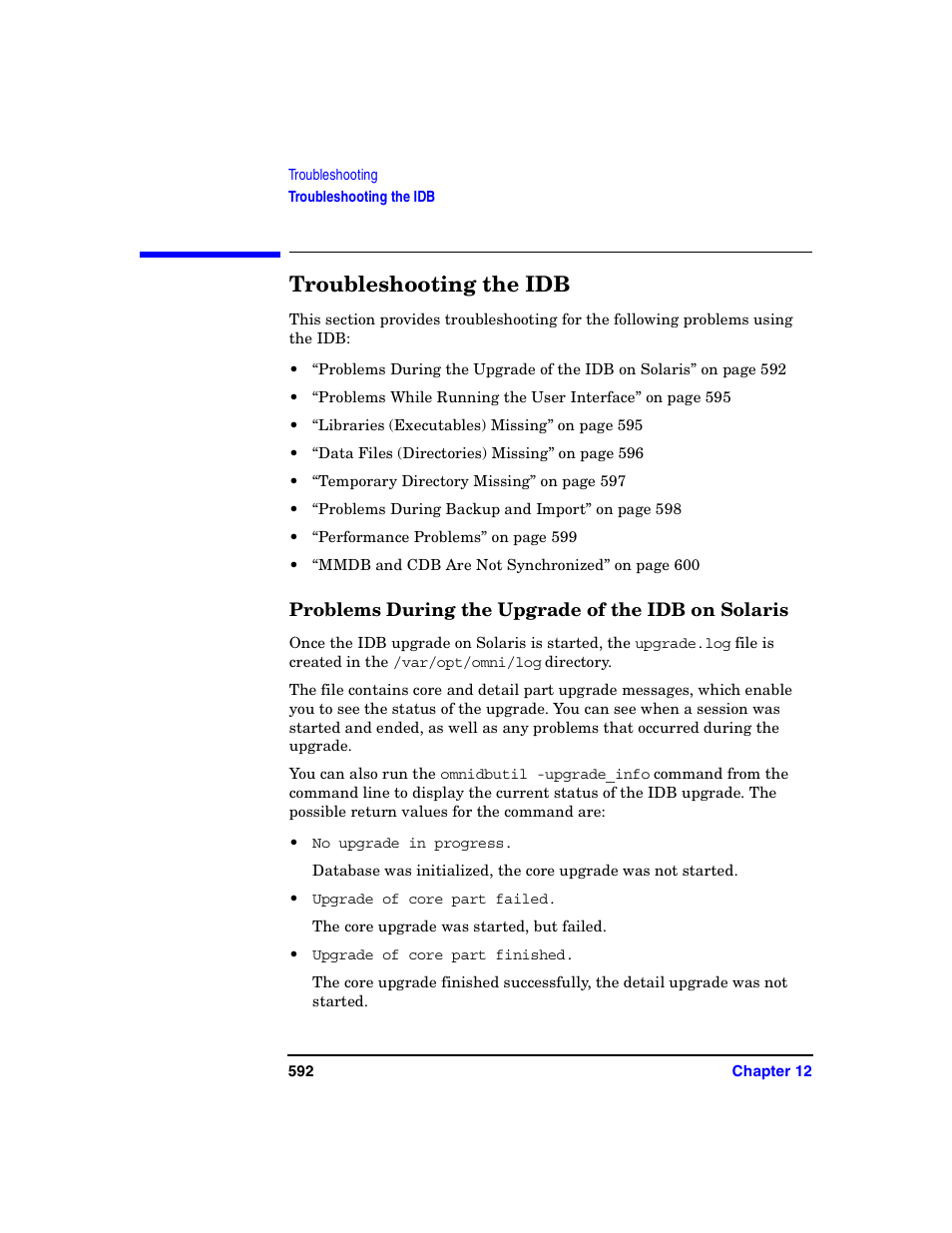 Troubleshooting the idb, Problems during the upgrade of the idb on solaris | HP B6960-90078 User Manual | Page 622 / 856