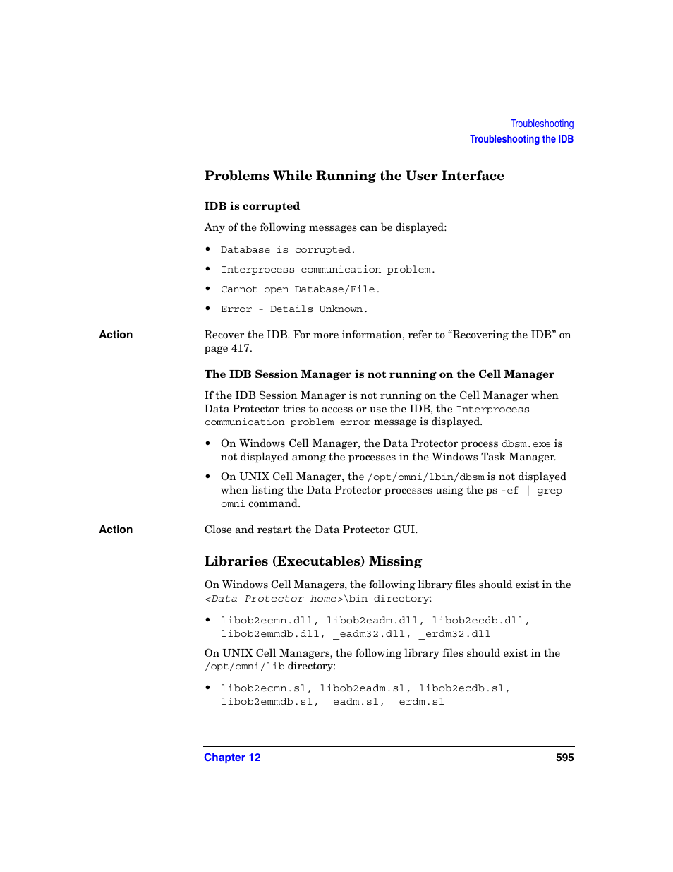 Problems while running the user interface, Idb is corrupted, Libraries (executables) missing | HP B6960-90078 User Manual | Page 625 / 856