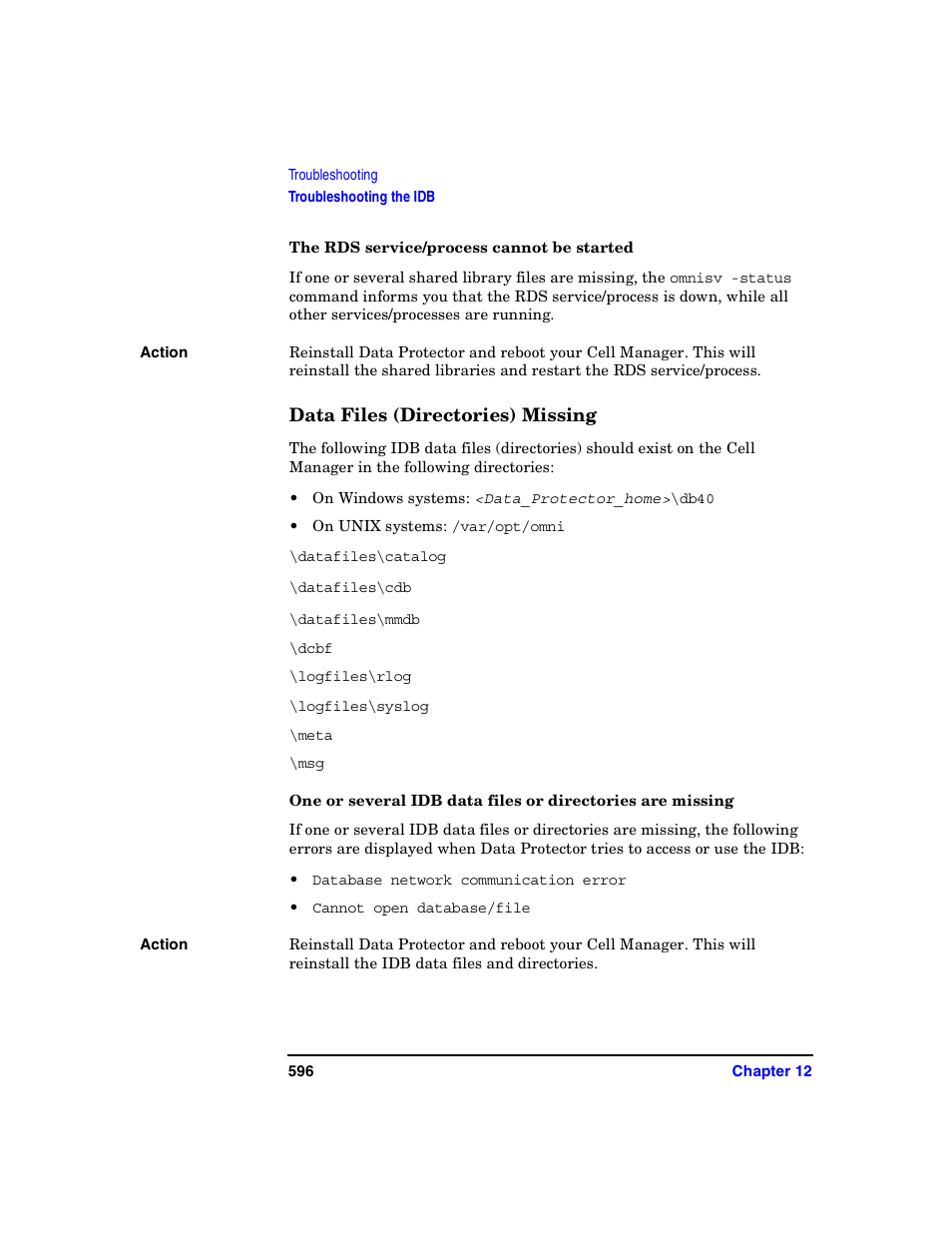 The rds service/process cannot be started, Data files (directories) missing | HP B6960-90078 User Manual | Page 626 / 856