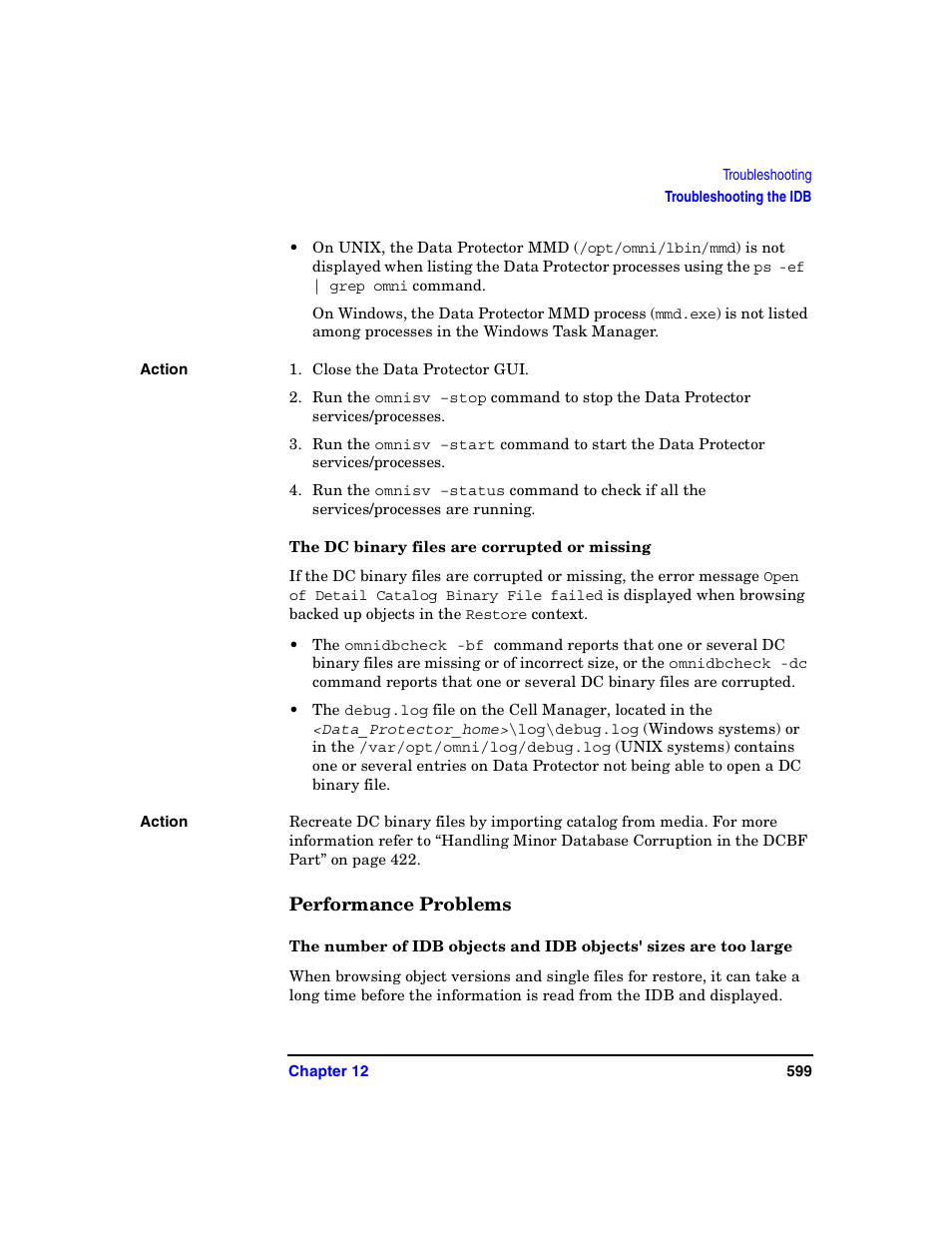 The dc binary files are corrupted or missing, Performance problems | HP B6960-90078 User Manual | Page 629 / 856