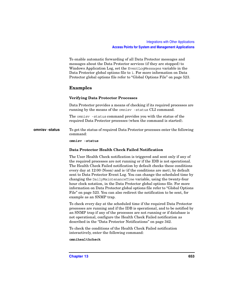 Examples, Verifying data protector processes, Data protector health check failed notification | HP B6960-90078 User Manual | Page 683 / 856
