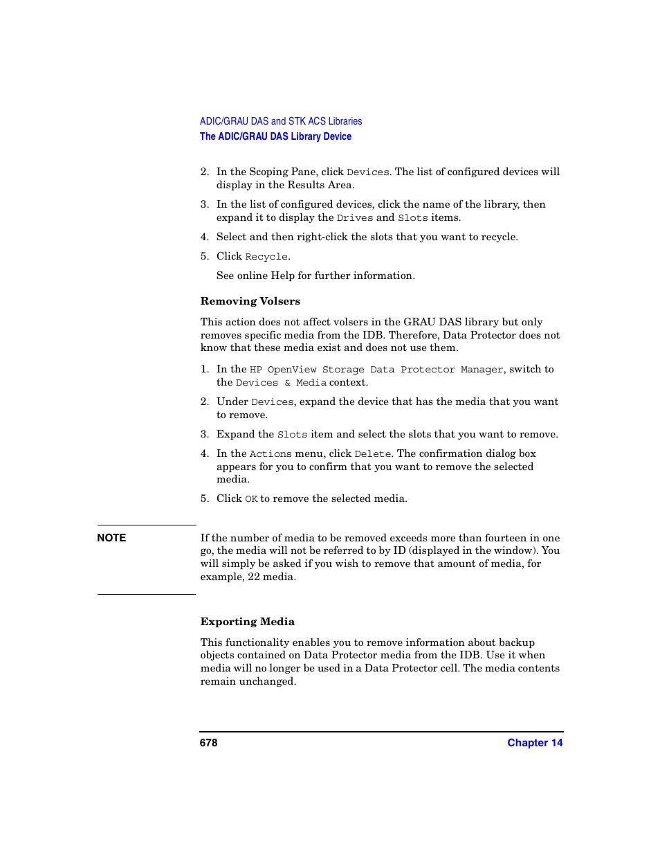 Removing volsers, Exporting media | HP B6960-90078 User Manual | Page 708 / 856