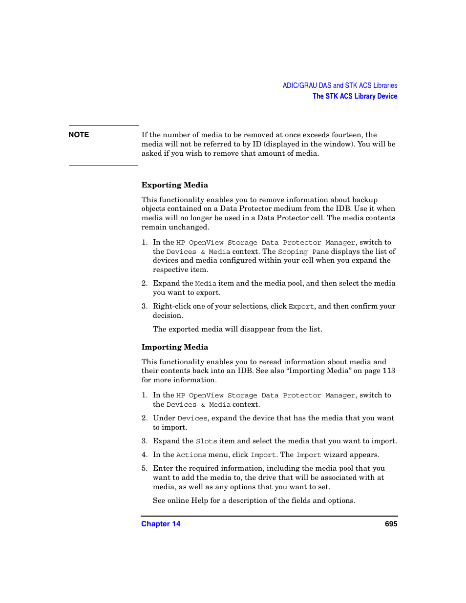 Exporting media, Importing media | HP B6960-90078 User Manual | Page 725 / 856