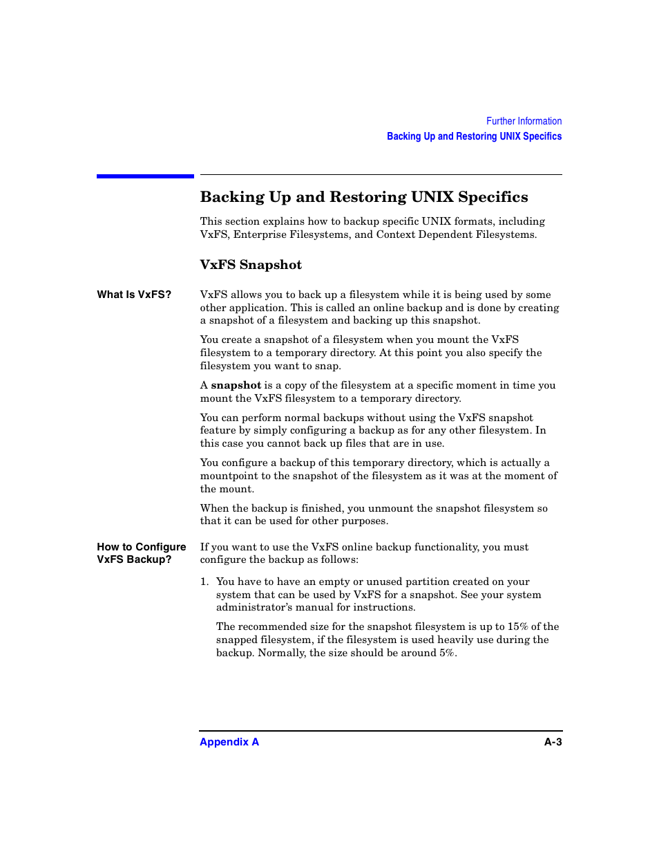 Backing up and restoring unix specifics, Vxfs snapshot | HP B6960-90078 User Manual | Page 733 / 856