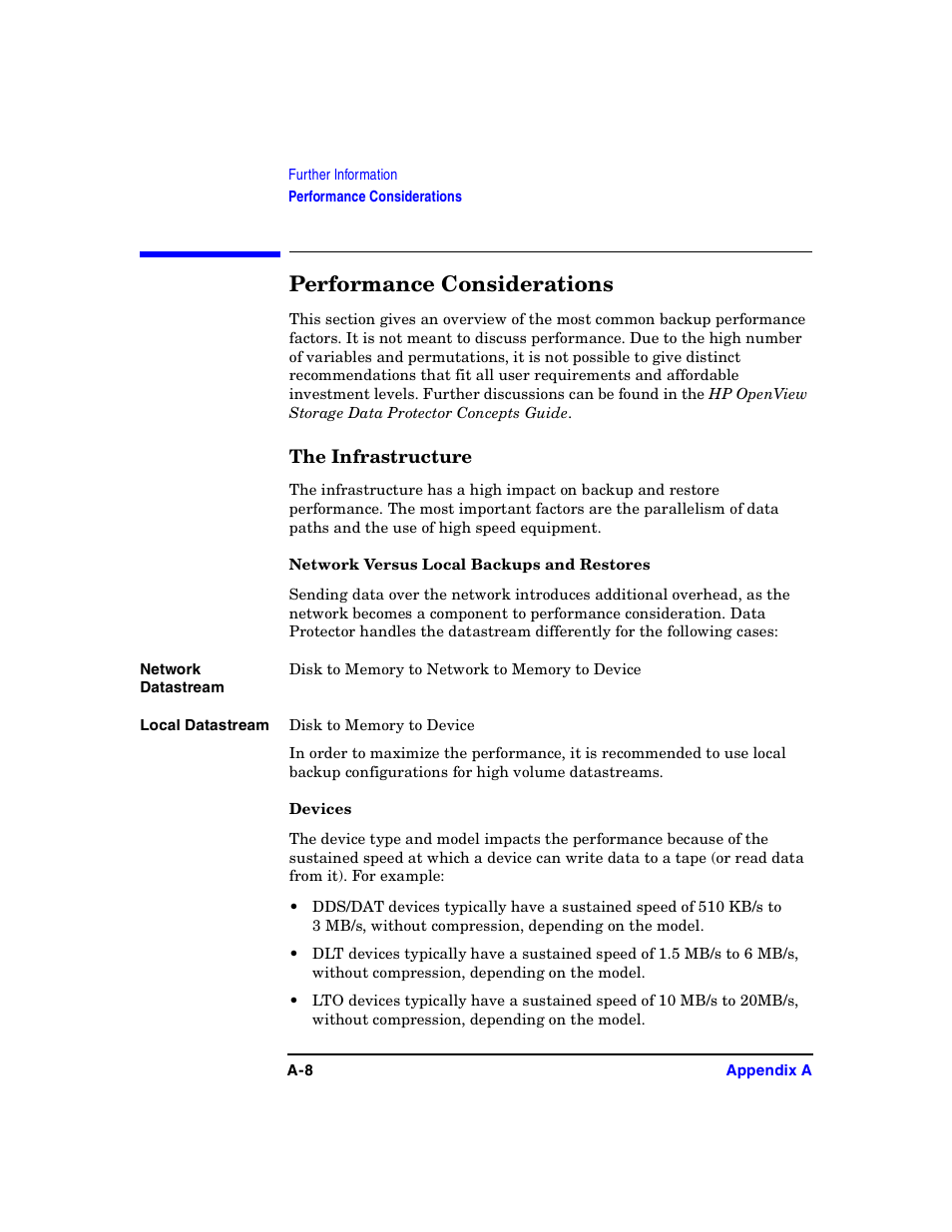 Performance considerations, The infrastructure, Network versus local backups and restores | Devices | HP B6960-90078 User Manual | Page 738 / 856
