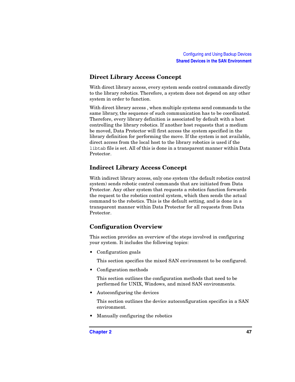 Direct library access concept, Indirect library access concept, Configuration overview | HP B6960-90078 User Manual | Page 77 / 856