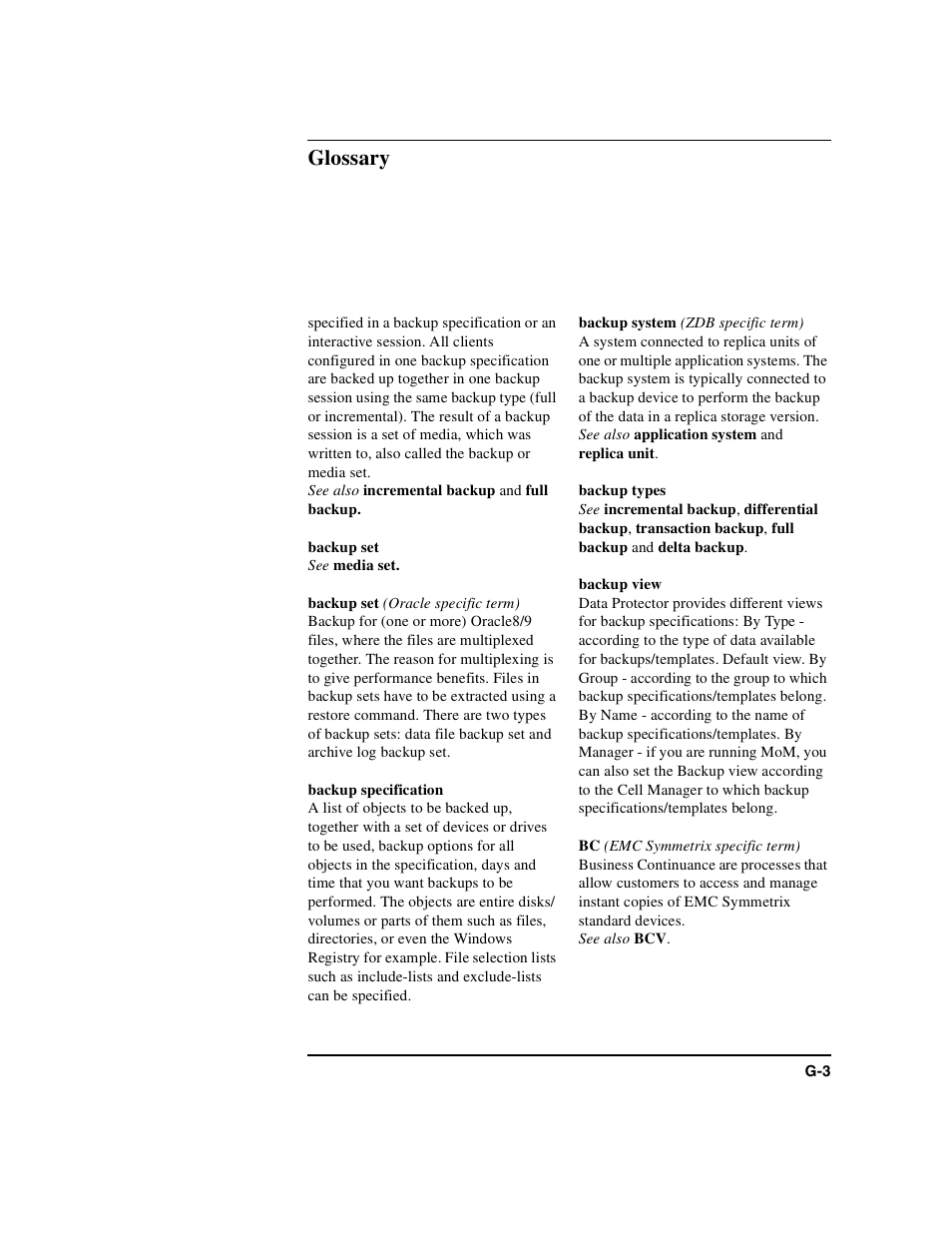 Backup set, Backup specification, Backup system | Backup types, Backup view, Glossary | HP B6960-90078 User Manual | Page 785 / 856