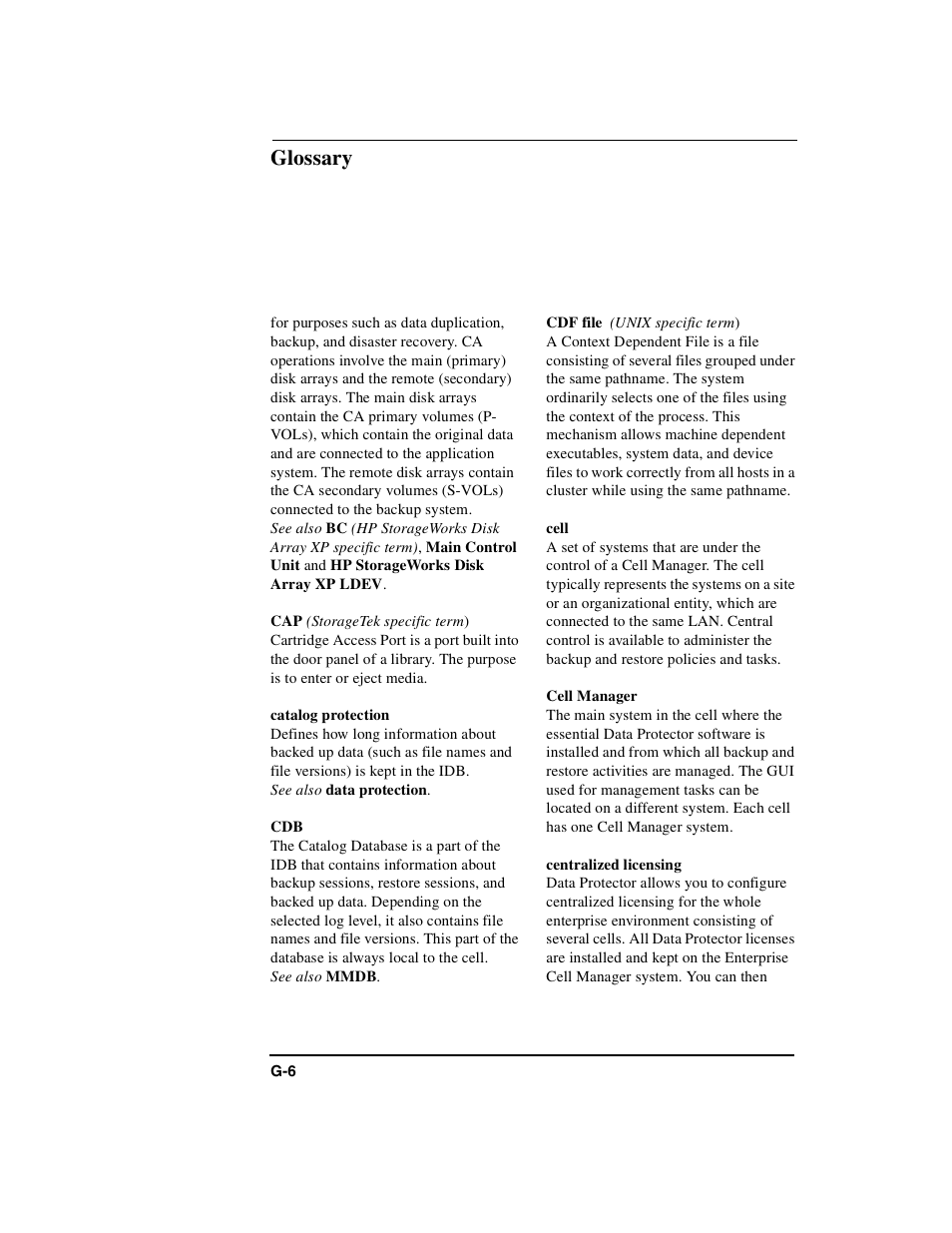 Catalog protection, Cdf file, Cell | Cell manager, Centralized licensing, Glossary | HP B6960-90078 User Manual | Page 788 / 856