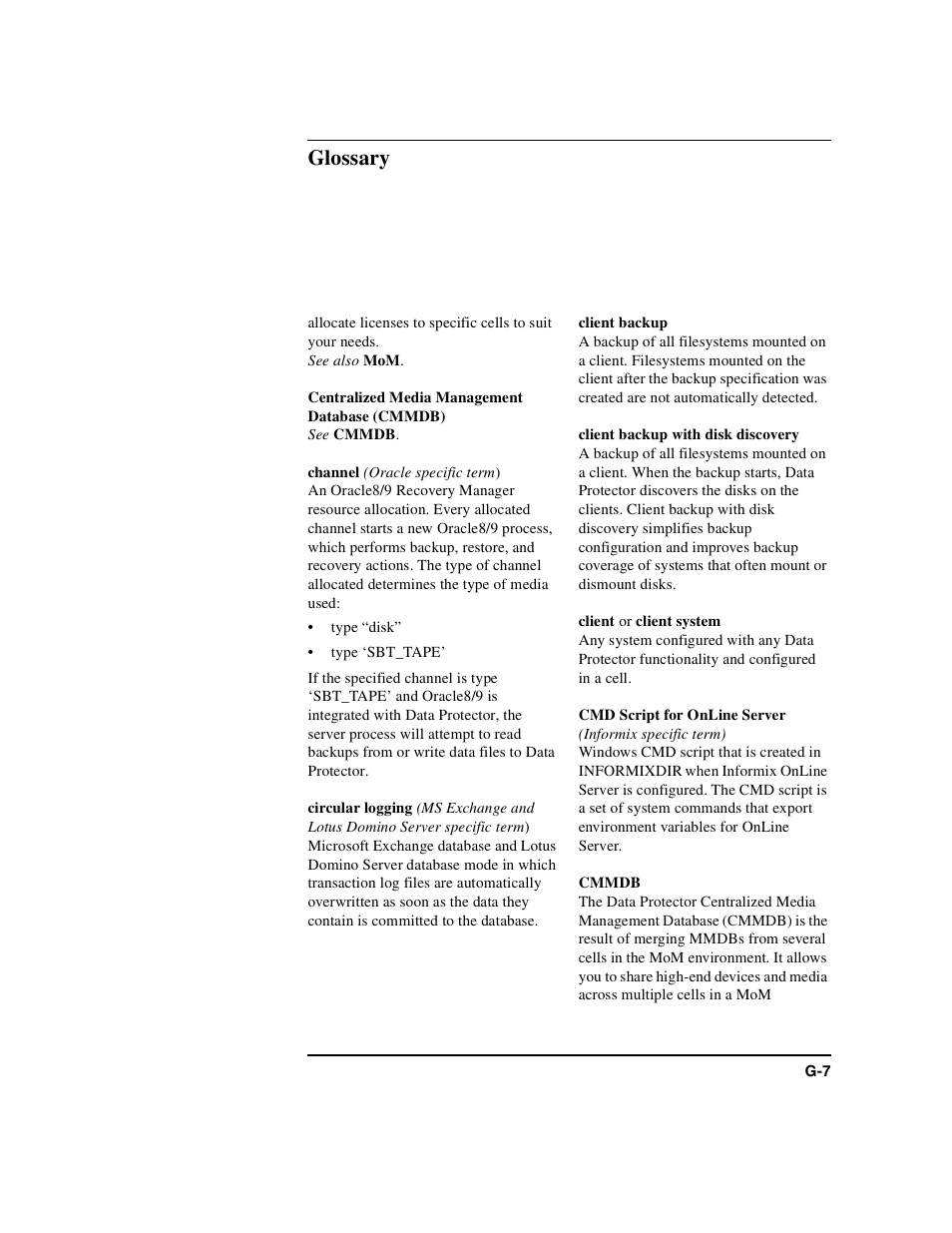 Centralized media management database (cmmdb), Channel, Circular logging | Client backup, Client backup with disk discovery, Client, Cmd script for online server, Cmmdb, Glossary | HP B6960-90078 User Manual | Page 789 / 856