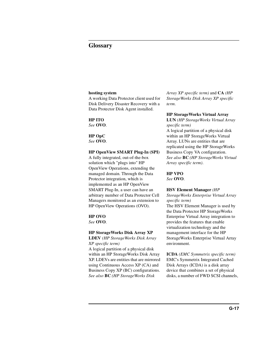 Hosting system, Hp ito, Hp opc | Hp openview smart plug-in (spi), Hp ovo, Hp storageworks disk array xp ldev, Hp storageworks virtual array lun, Hp vpo, Hsv element manager, Icda | HP B6960-90078 User Manual | Page 799 / 856