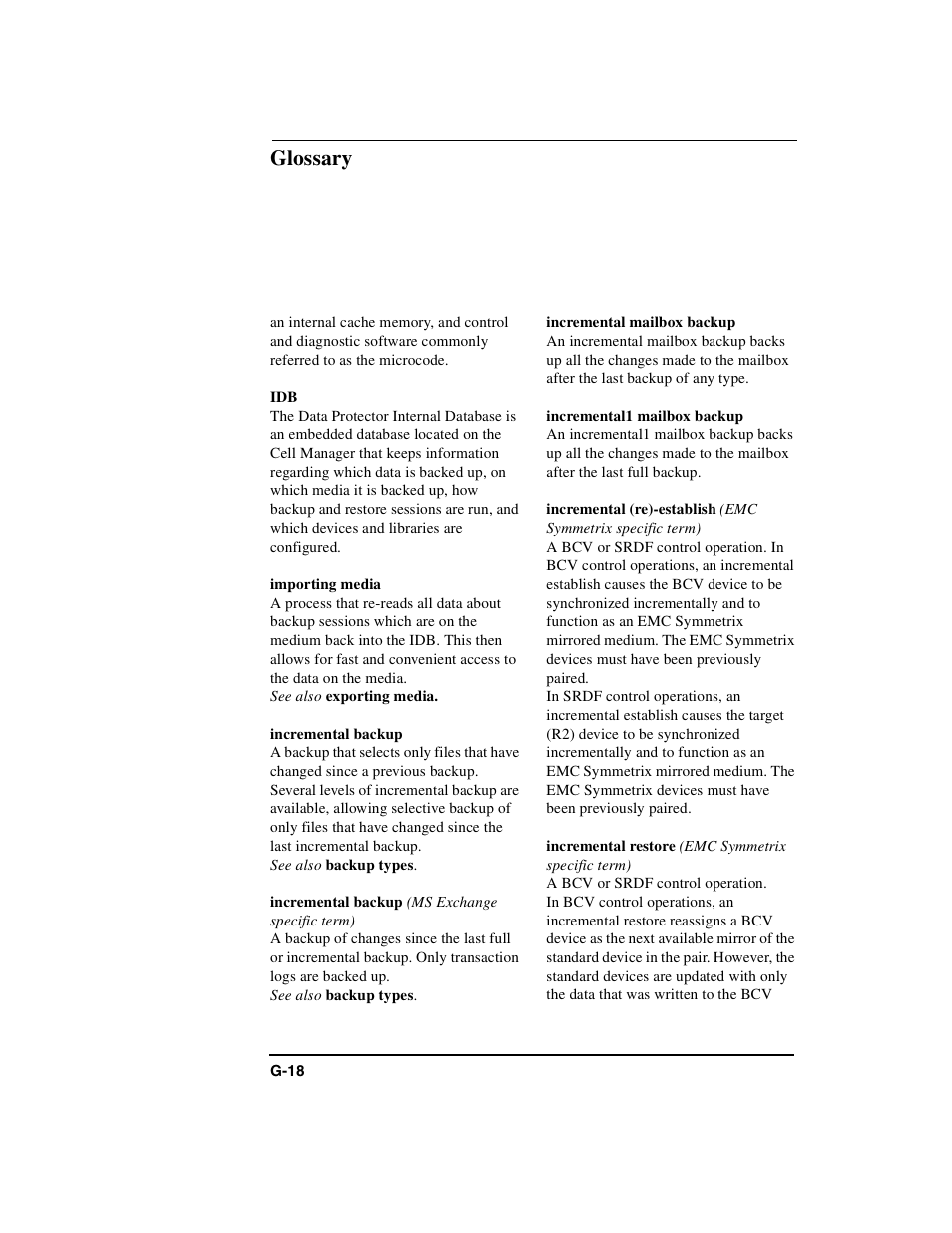Importing media, Incremental backup, Incremental mailbox backup | Incremental1 mailbox backup, Incremental (re)-establish, Incremental restore, Glossary | HP B6960-90078 User Manual | Page 800 / 856