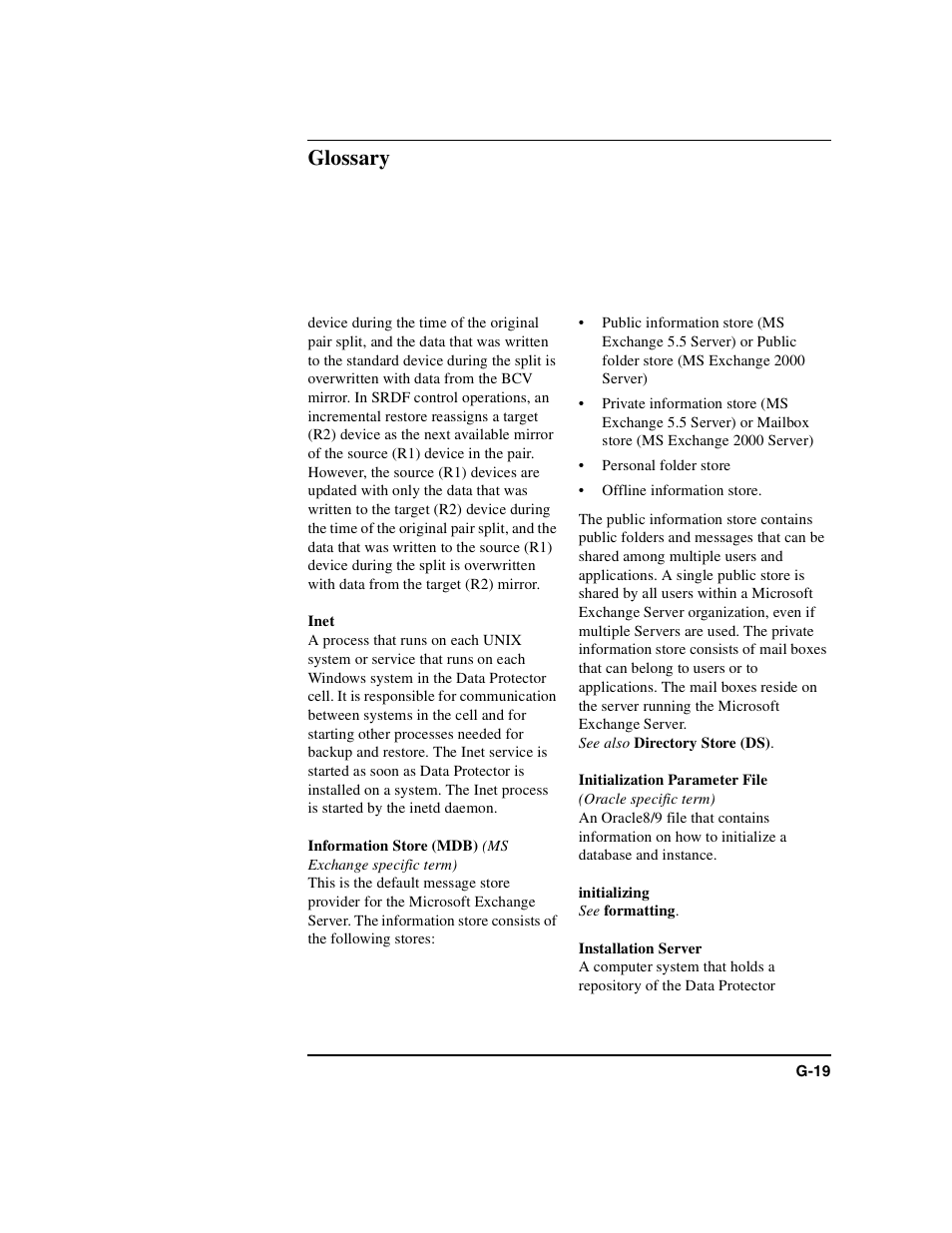 Inet, Information store (mdb), Initialization parameter file | Initializing, Installation server, Glossary | HP B6960-90078 User Manual | Page 801 / 856