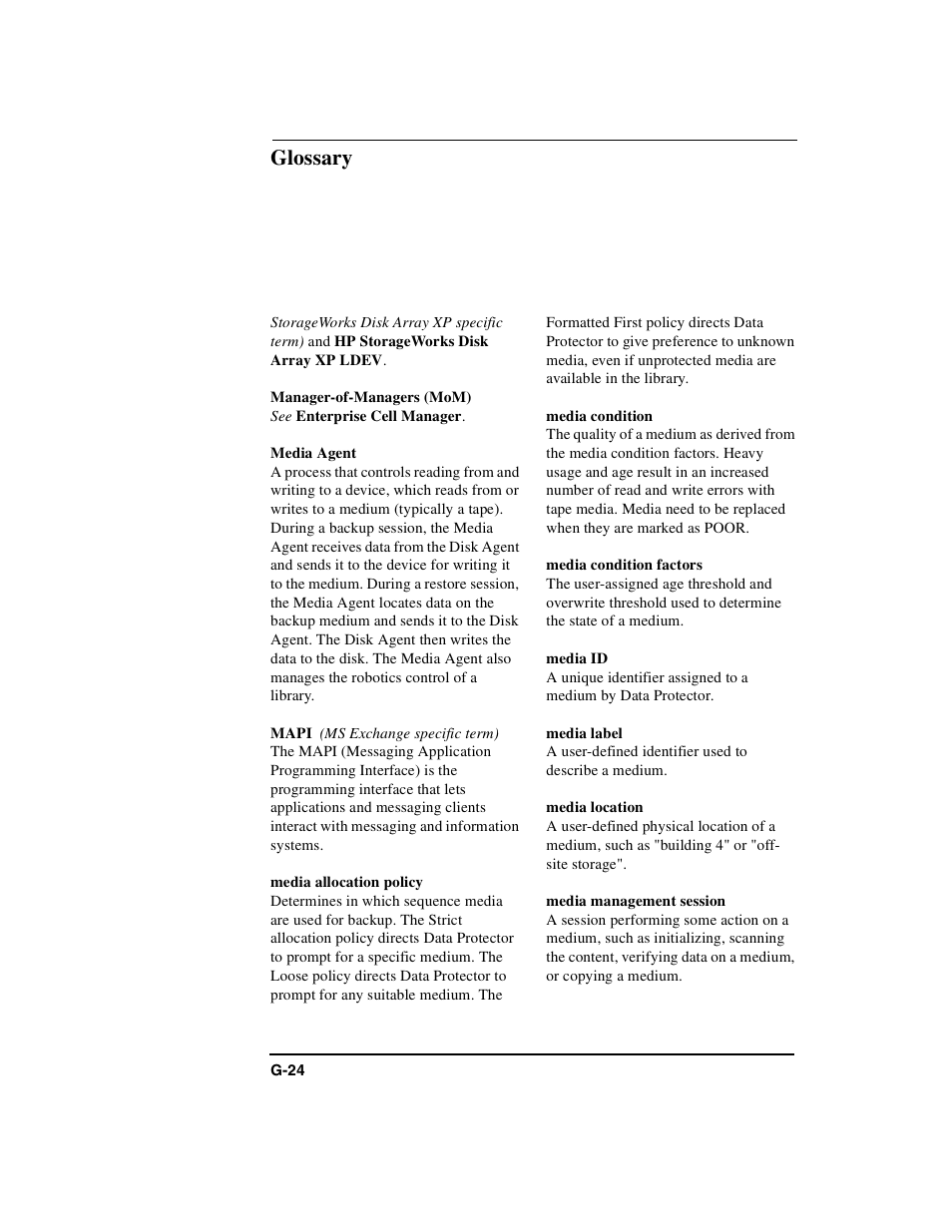 Manager-of-managers (mom), Media agent, Mapi | Media allocation policy, Media condition, Media condition factors, Media id, Media label, Media location, Media management session | HP B6960-90078 User Manual | Page 806 / 856