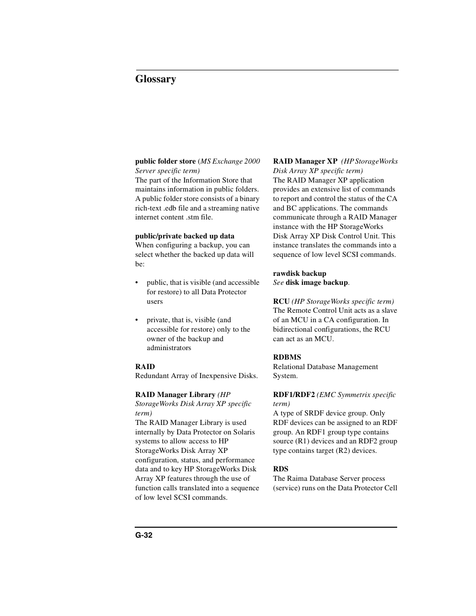 Public folder store, Public/private backed up data, Raid | Raid manager library, Raid manager xp, Rawdisk backup, Rdbms, Rdf1/rdf2, Glossary | HP B6960-90078 User Manual | Page 814 / 856