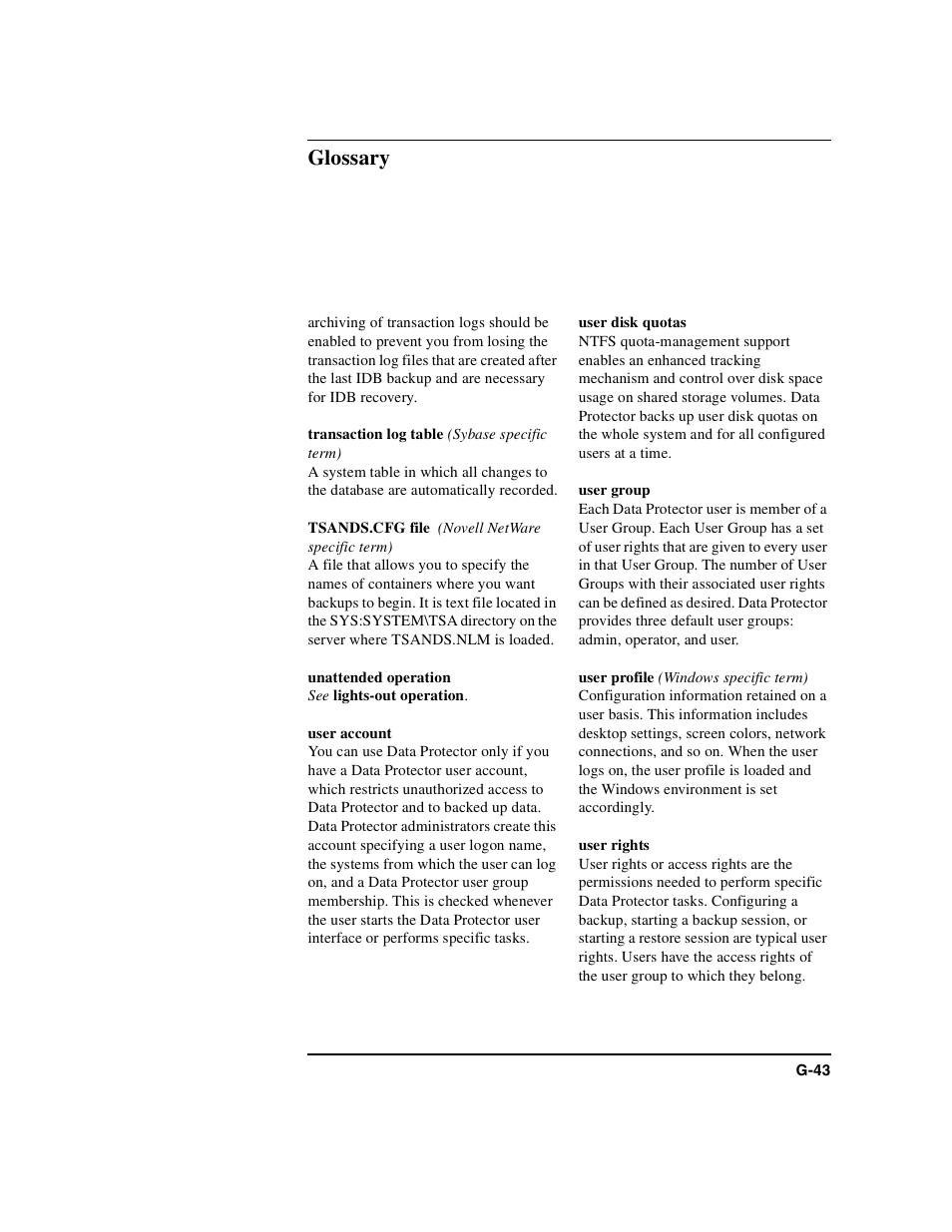 Transaction log table, Tsands.cfg file, Unattended operation | User account, User disk quotas, User group, User profile, User rights, Glossary | HP B6960-90078 User Manual | Page 825 / 856
