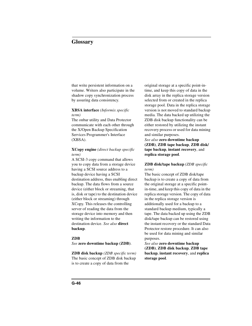 Xbsa interface, Xcopy engine, Zdb disk backup | Zdb disk/tape backup, Glossary | HP B6960-90078 User Manual | Page 828 / 856