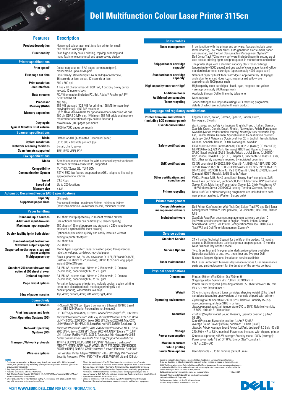 Dell multifunction colour laser printer 3115cn, Description, Features | HP 3115cn User Manual | Page 2 / 2