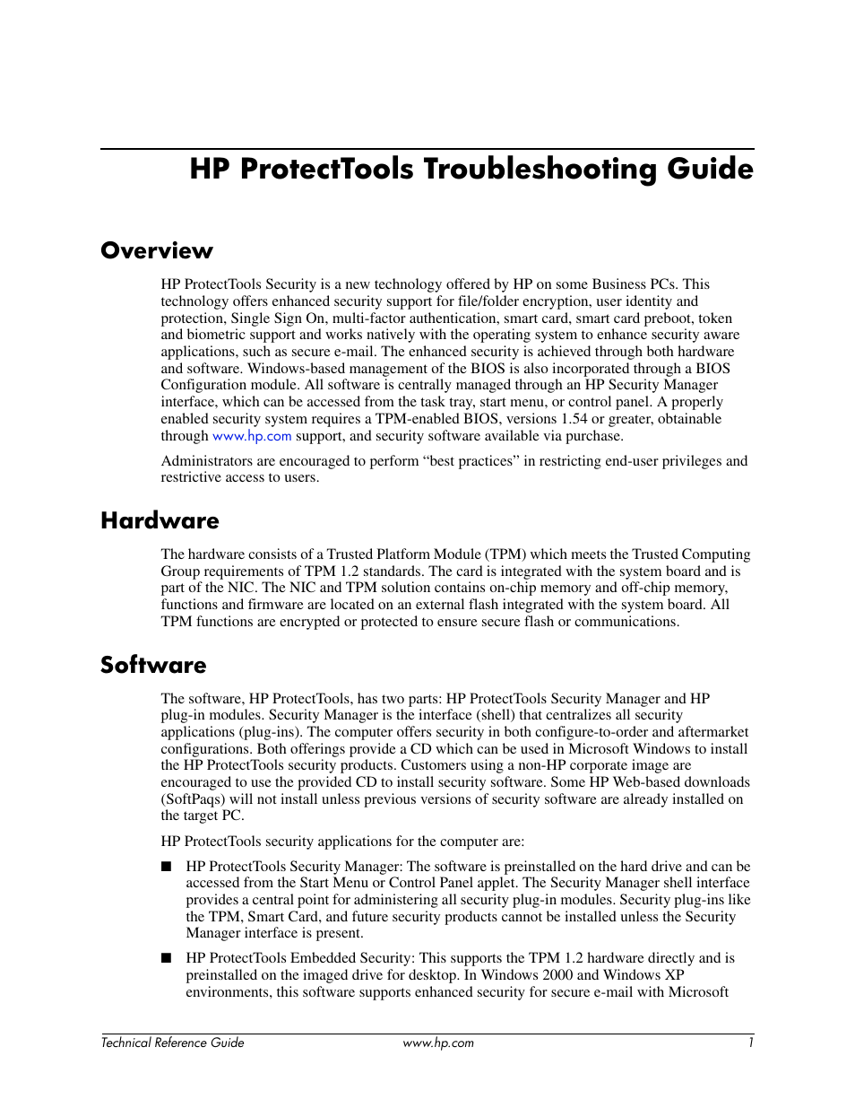 Hp protecttools troubleshooting guide, Overview, Hardware | Software | HP 413742-001 User Manual | Page 3 / 26