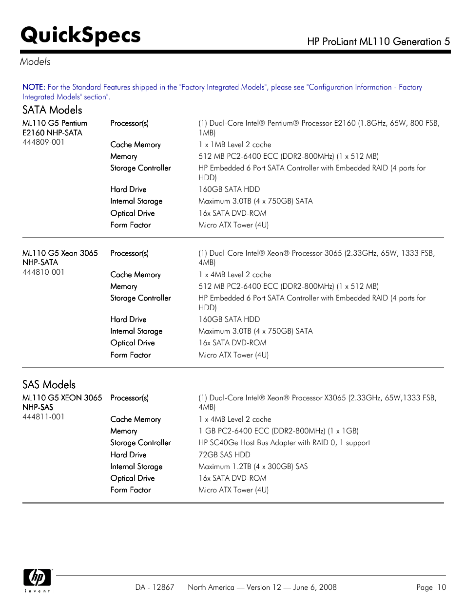 Models, Quickspecs, Sata models | Sas models, Hp proliant ml110 generation 5, Hp proliant ml110 generation 5 models | HP ProLiant ML110 User Manual | Page 10 / 31
