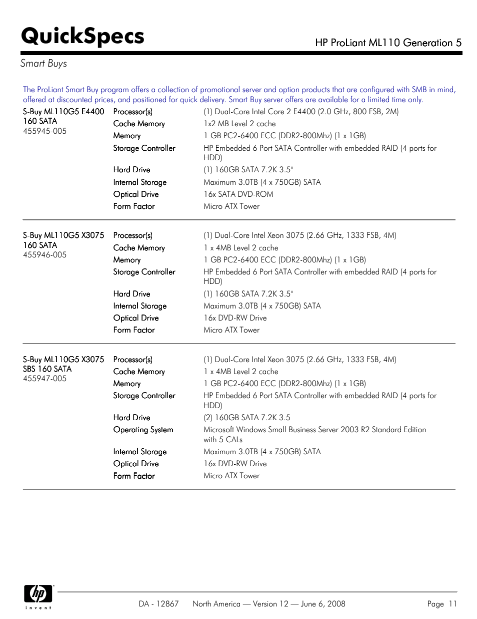 Smart buys, Quickspecs, Hp proliant ml110 generation 5 | Hp proliant ml110 generation 5 smart buys | HP ProLiant ML110 User Manual | Page 11 / 31