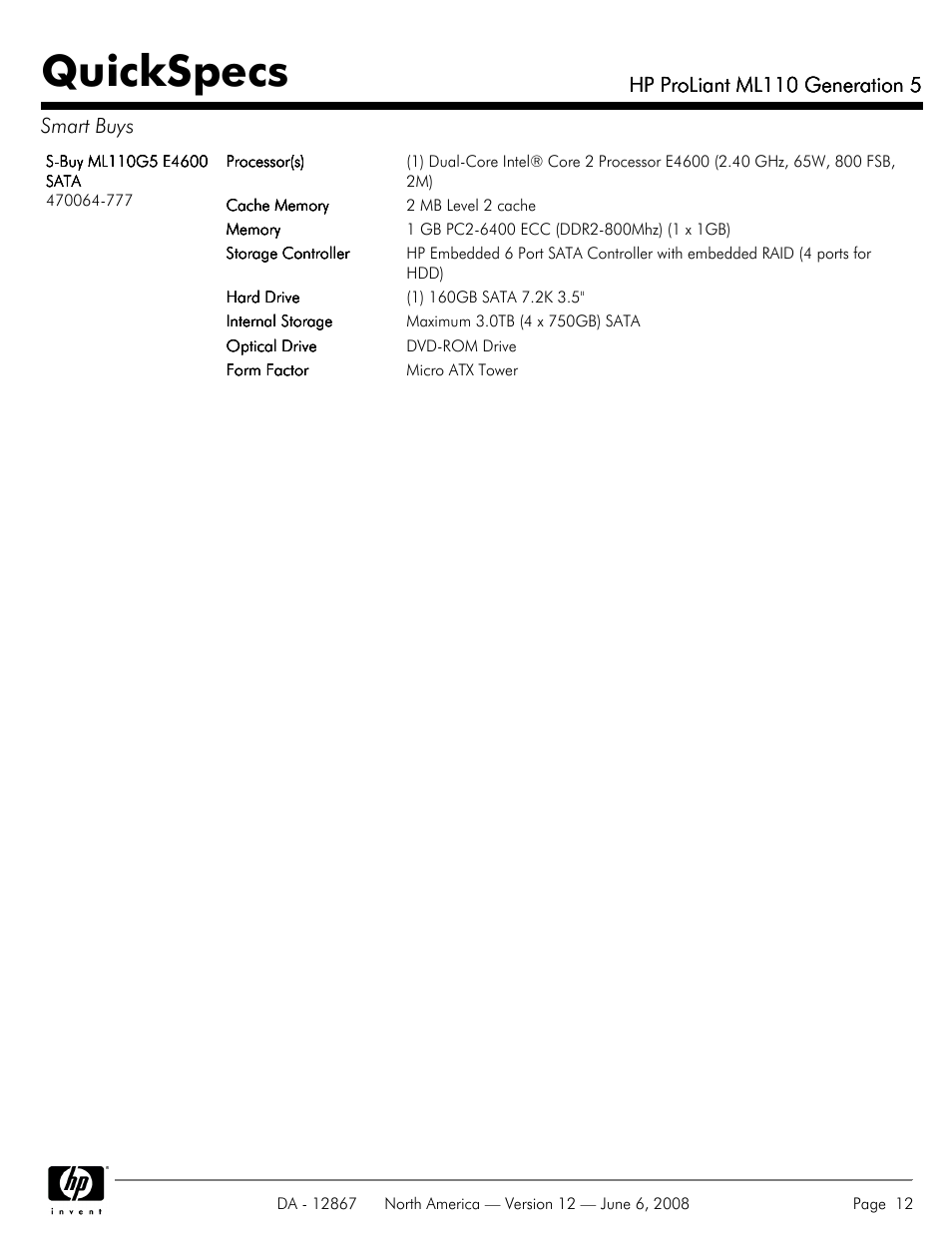 Quickspecs, Hp proliant ml110 generation 5, Hp proliant ml110 generation 5 smart buys | HP ProLiant ML110 User Manual | Page 12 / 31