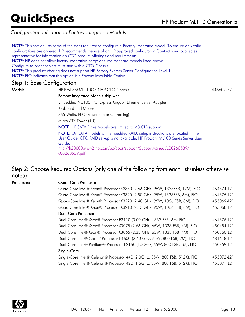 Quickspecs, Step 1: base configuration, Hp proliant ml110 generation 5 | HP ProLiant ML110 User Manual | Page 13 / 31