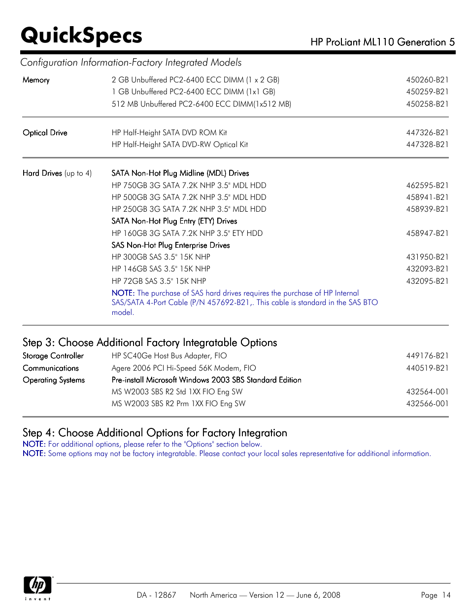 Quickspecs, Hp proliant ml110 generation 5 | HP ProLiant ML110 User Manual | Page 14 / 31
