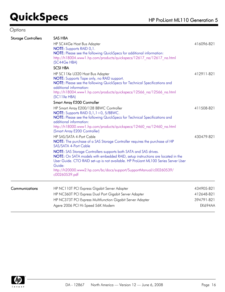 Quickspecs, Hp proliant ml110 generation 5, Hp proliant ml110 generation 5 options | HP ProLiant ML110 User Manual | Page 16 / 31