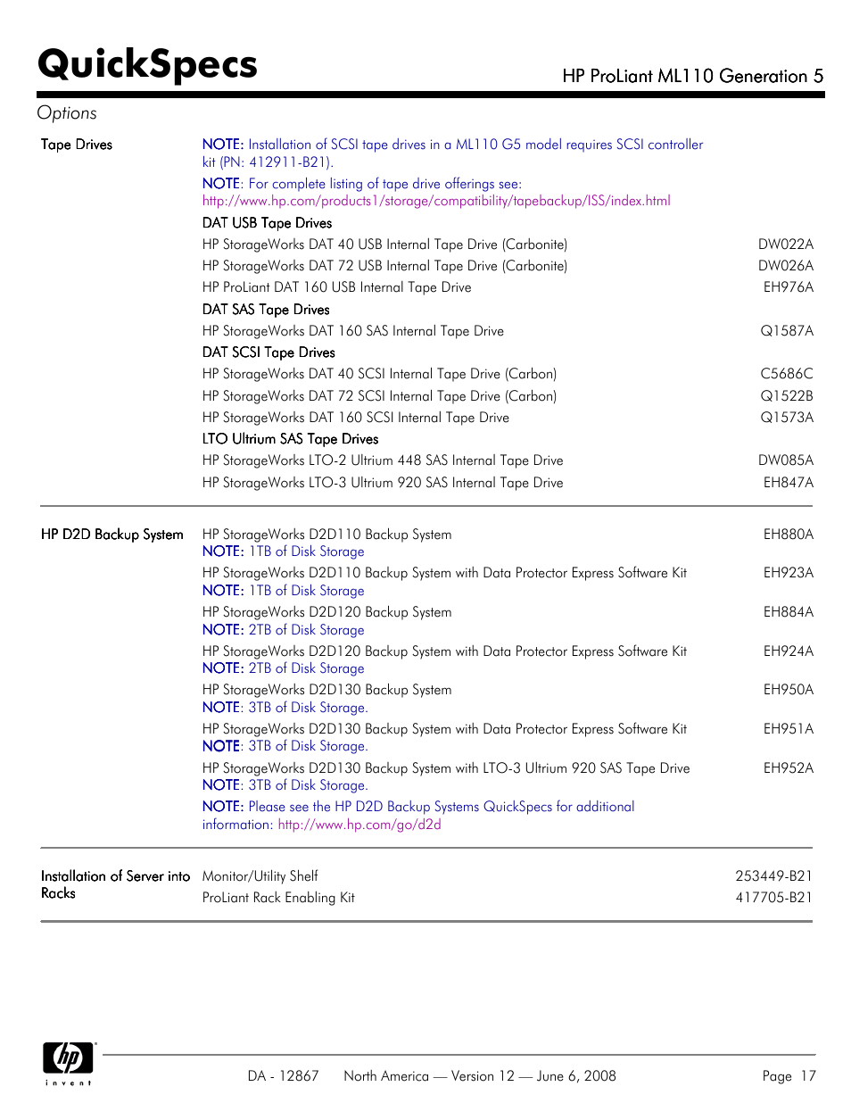 Quickspecs, Hp proliant ml110 generation 5, Hp proliant ml110 generation 5 options | HP ProLiant ML110 User Manual | Page 17 / 31