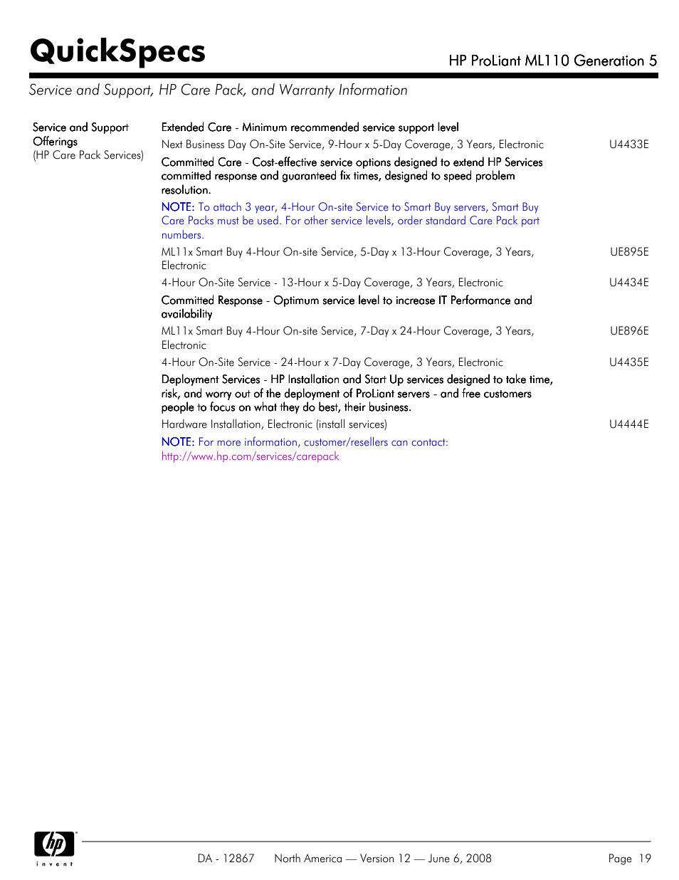 Quickspecs, Hp proliant ml110 generation 5 | HP ProLiant ML110 User Manual | Page 19 / 31