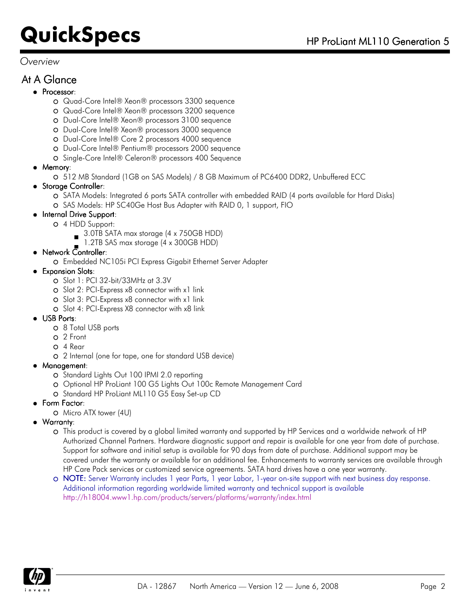 Quickspecs, At a glance, Hp proliant ml110 generation 5 | Hp proliant ml110 generation 5 overview | HP ProLiant ML110 User Manual | Page 2 / 31