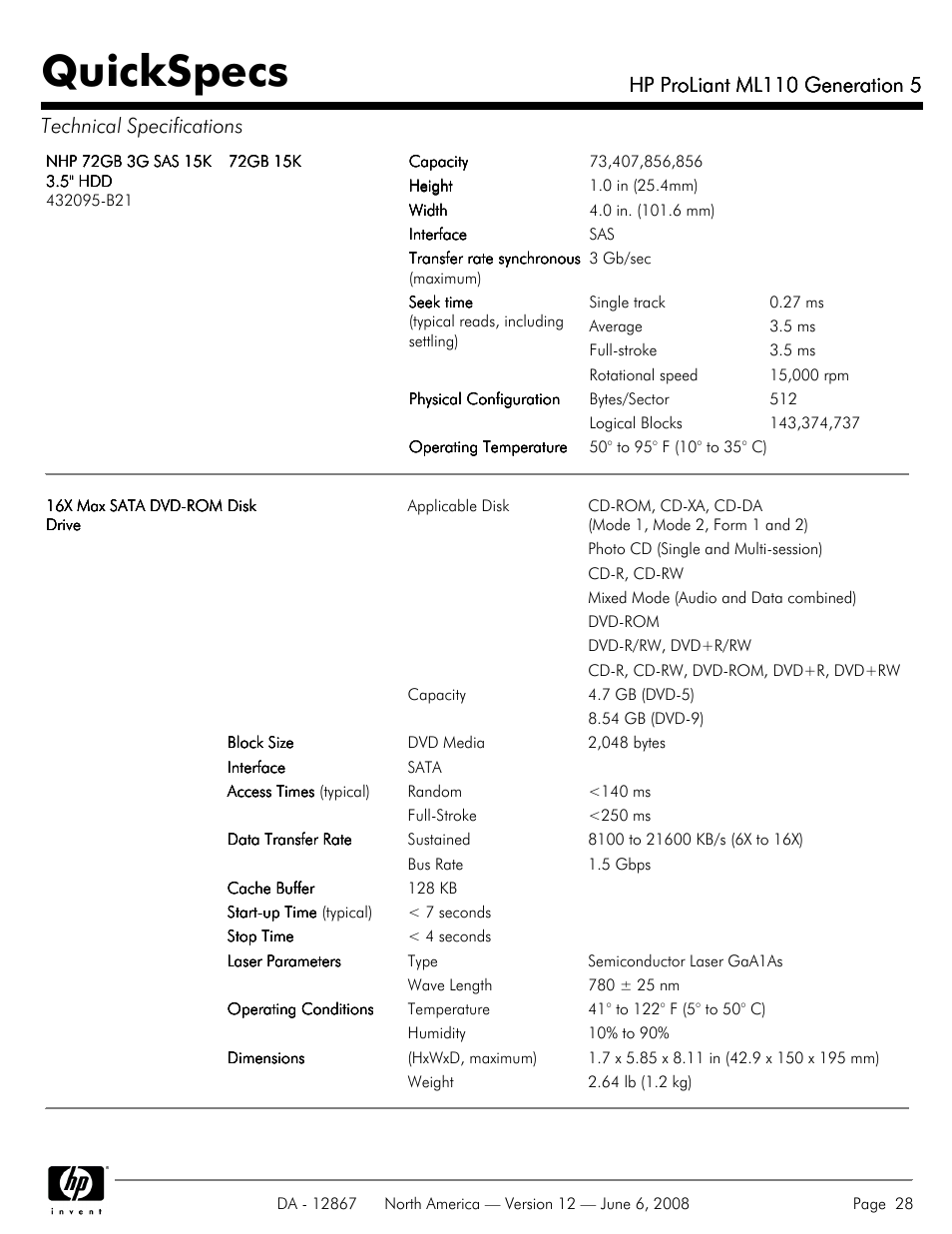 Quickspecs, Hp proliant ml110 generation 5 | HP ProLiant ML110 User Manual | Page 28 / 31