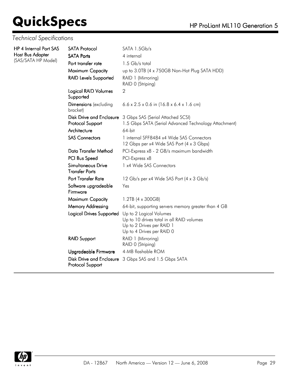 Quickspecs, Hp proliant ml110 generation 5 | HP ProLiant ML110 User Manual | Page 29 / 31