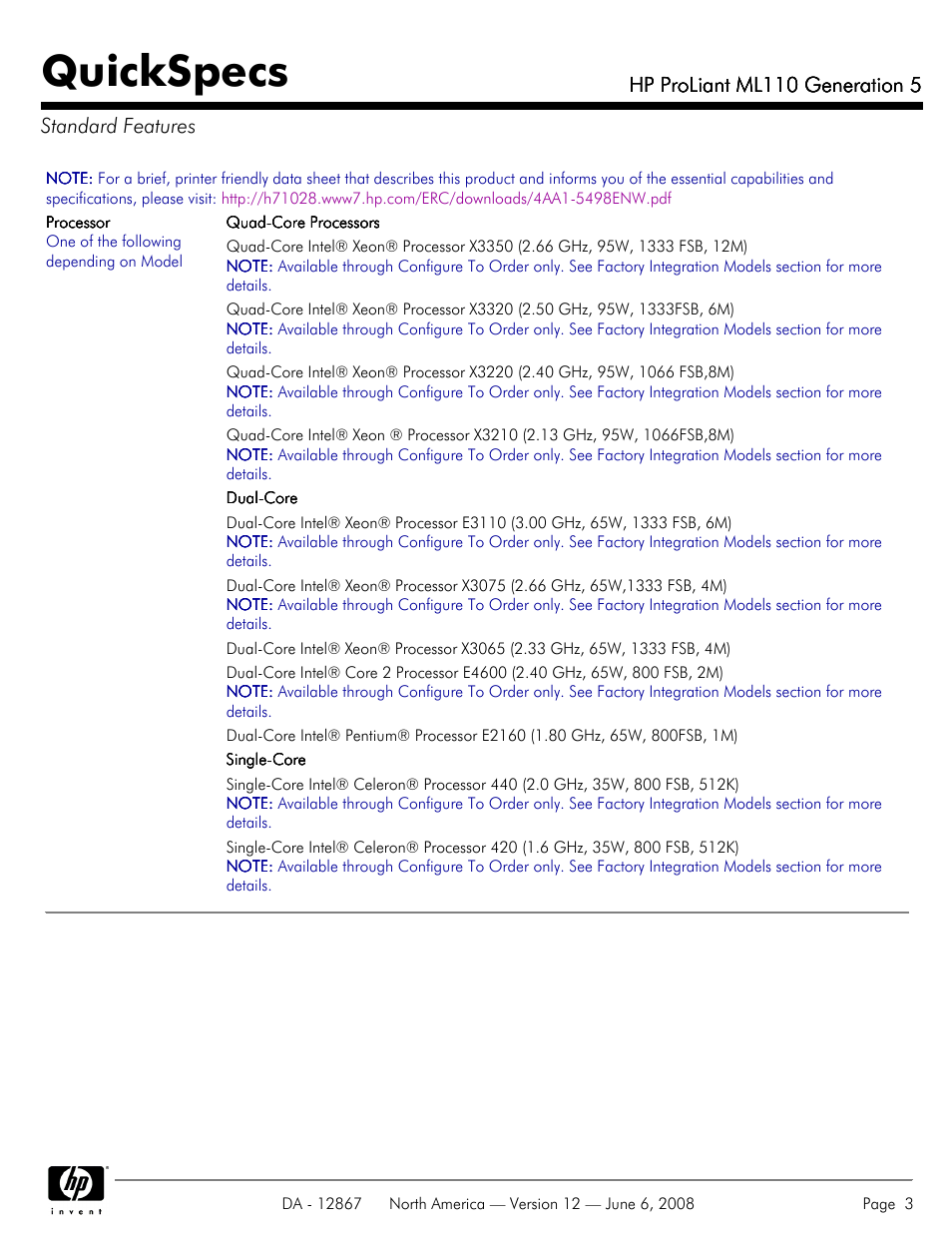 Standard features, Quickspecs, Hp proliant ml110 generation 5 | Hp proliant ml110 generation 5 standard features | HP ProLiant ML110 User Manual | Page 3 / 31