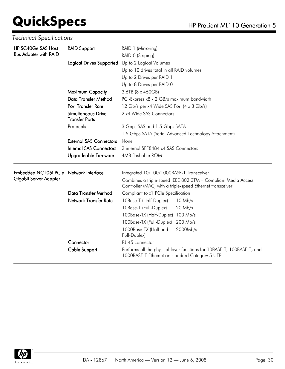 Quickspecs, Hp proliant ml110 generation 5 | HP ProLiant ML110 User Manual | Page 30 / 31