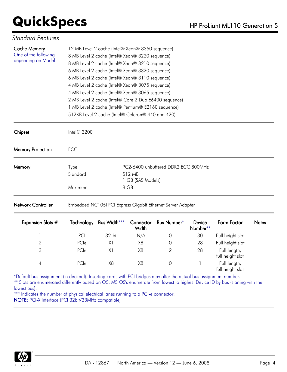 Quickspecs, Hp proliant ml110 generation 5, Hp proliant ml110 generation 5 standard features | HP ProLiant ML110 User Manual | Page 4 / 31