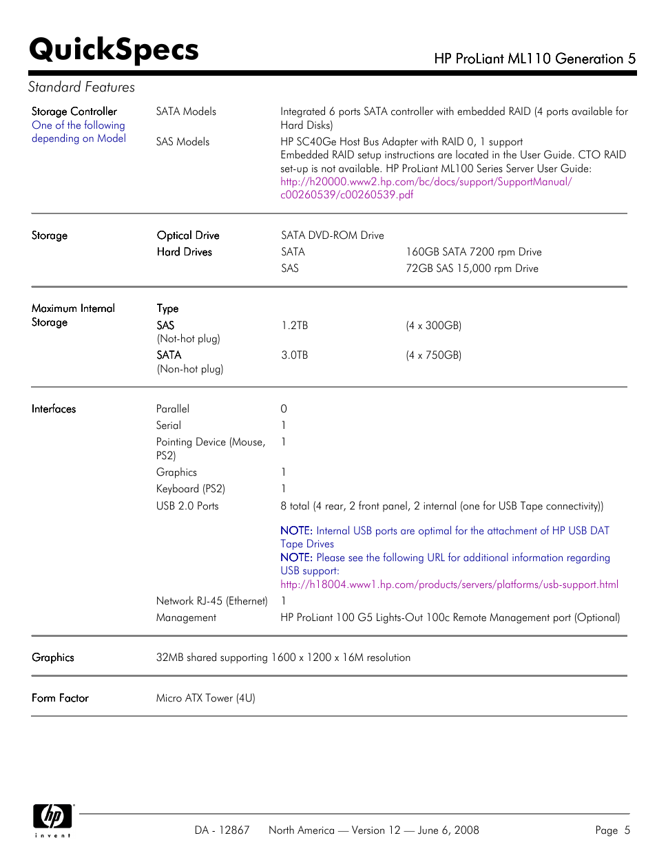 Quickspecs, Hp proliant ml110 generation 5, Hp proliant ml110 generation 5 standard features | HP ProLiant ML110 User Manual | Page 5 / 31