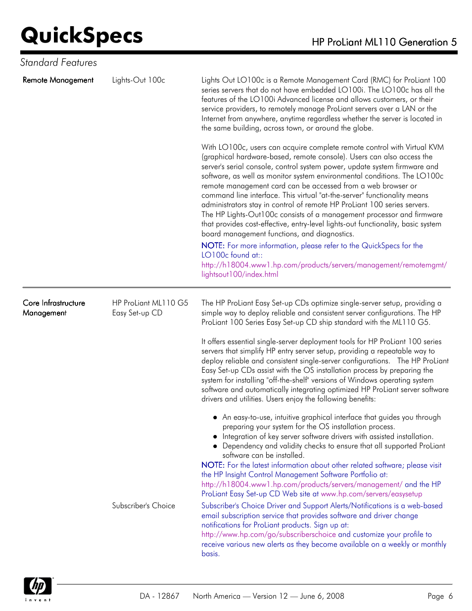 Quickspecs, Hp proliant ml110 generation 5, Hp proliant ml110 generation 5 standard features | HP ProLiant ML110 User Manual | Page 6 / 31