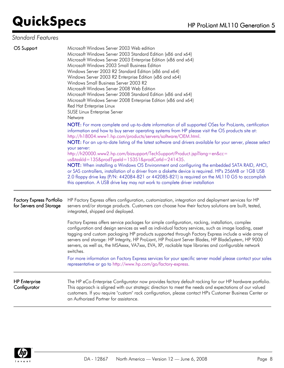 Quickspecs, Hp proliant ml110 generation 5, Hp proliant ml110 generation 5 standard features | HP ProLiant ML110 User Manual | Page 8 / 31