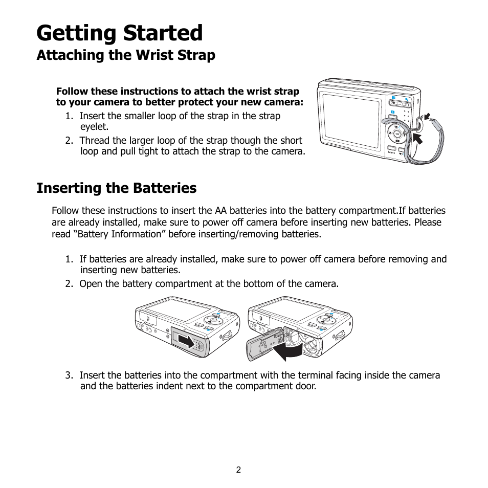 Getting started, Attaching the wrist strap, Inserting the batteries | HP CB350 User Manual | Page 13 / 81