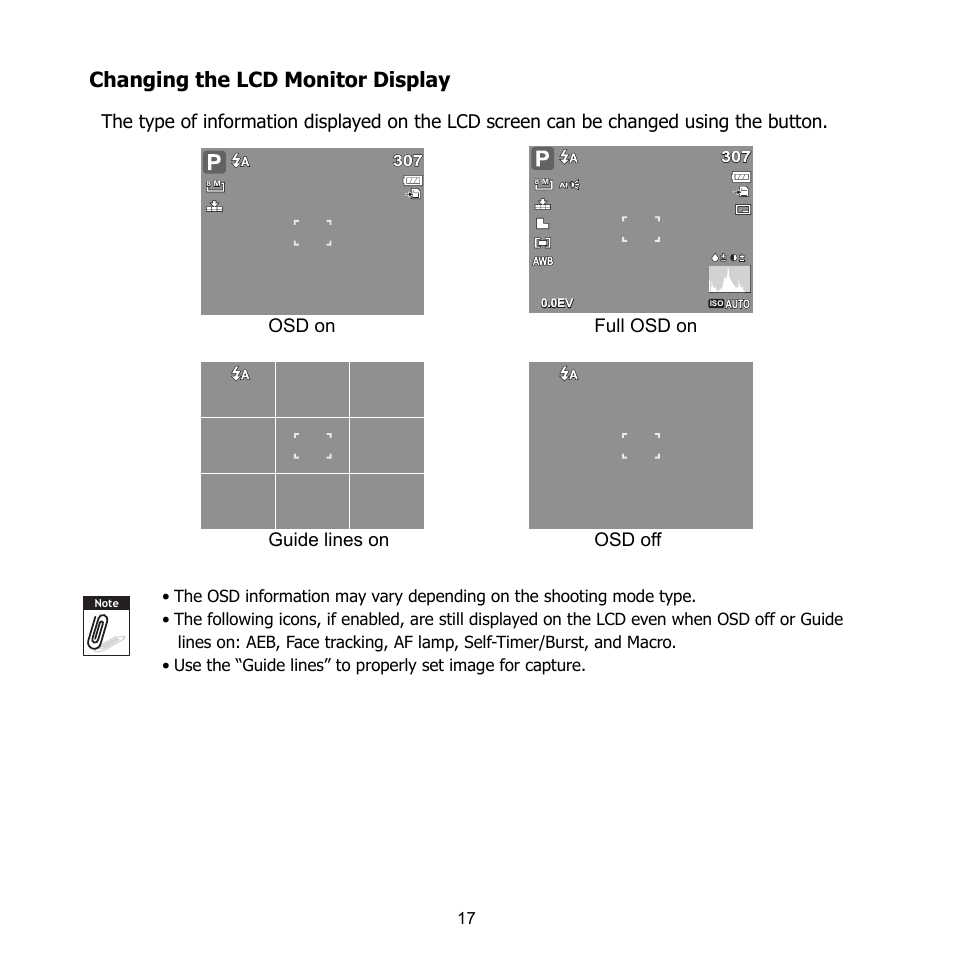 Changing the lcd monitor display, Osd on guide lines on full osd on osd off | HP CB350 User Manual | Page 28 / 81